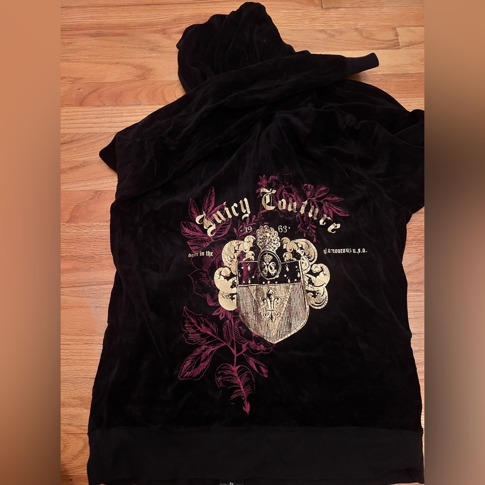 Vintage Juicy Couture Black Velour Hoodie with Pink and Gold Detail
